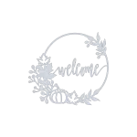 A circular aluminum wall art piece featuring the word 'welcome' in elegant script. Surrounding the word are intricate cut-out designs of autumn leaves, berries, and a pumpkin, creating a warm and inviting seasonal theme. The metal appears to have a smooth finish on a black background.